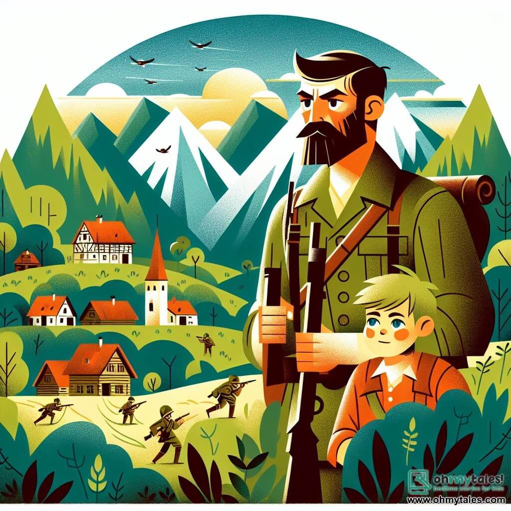 Une illustration destinée aux enfants représentant un homme courageux et bienveillant, confronté à la guerre, accompagné d'un jeune garçon curieux, dans un village pittoresque entouré de montagnes verdoyantes.