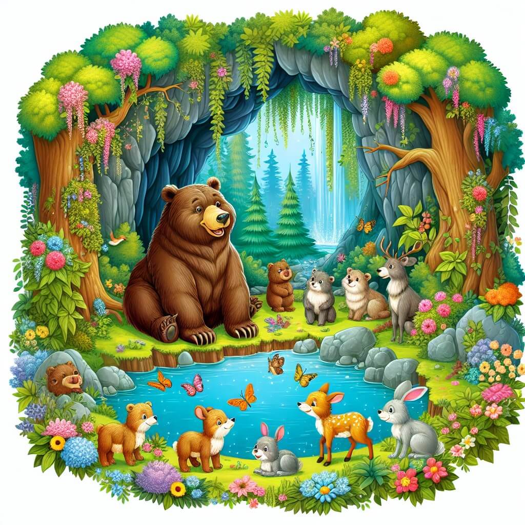 Une illustration destinée aux enfants représentant un majestueux ours, vivant dans une forêt dense et enchanteresse, entouré d'animaux qui le respectent et l'admirent, dans une grotte magnifique ornée de fleurs vibrantes et de végétation luxuriante, près d'un lac cristallin étincelant.
