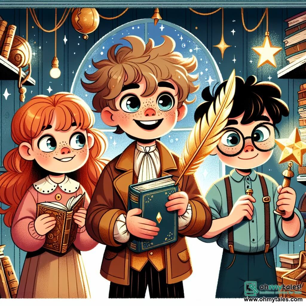 Une illustration sous forme de dessin destinée aux enfants représentant une pièce magique remplie d'objets enchanteurs, où un garçon de 7 ans aux cheveux bouclés et aux yeux pétillants, tenant une plume dorée, est entouré de ses deux amis : une fille aux cheveux roux et aux taches de rousseur, qui admire un livre ancien, et un garçon aux lunettes, observant une étoile à travers un télescope, tous trois exprimant une joie d'aventure alors qu'ils découvrent un trésor caché dans leur quête magique.