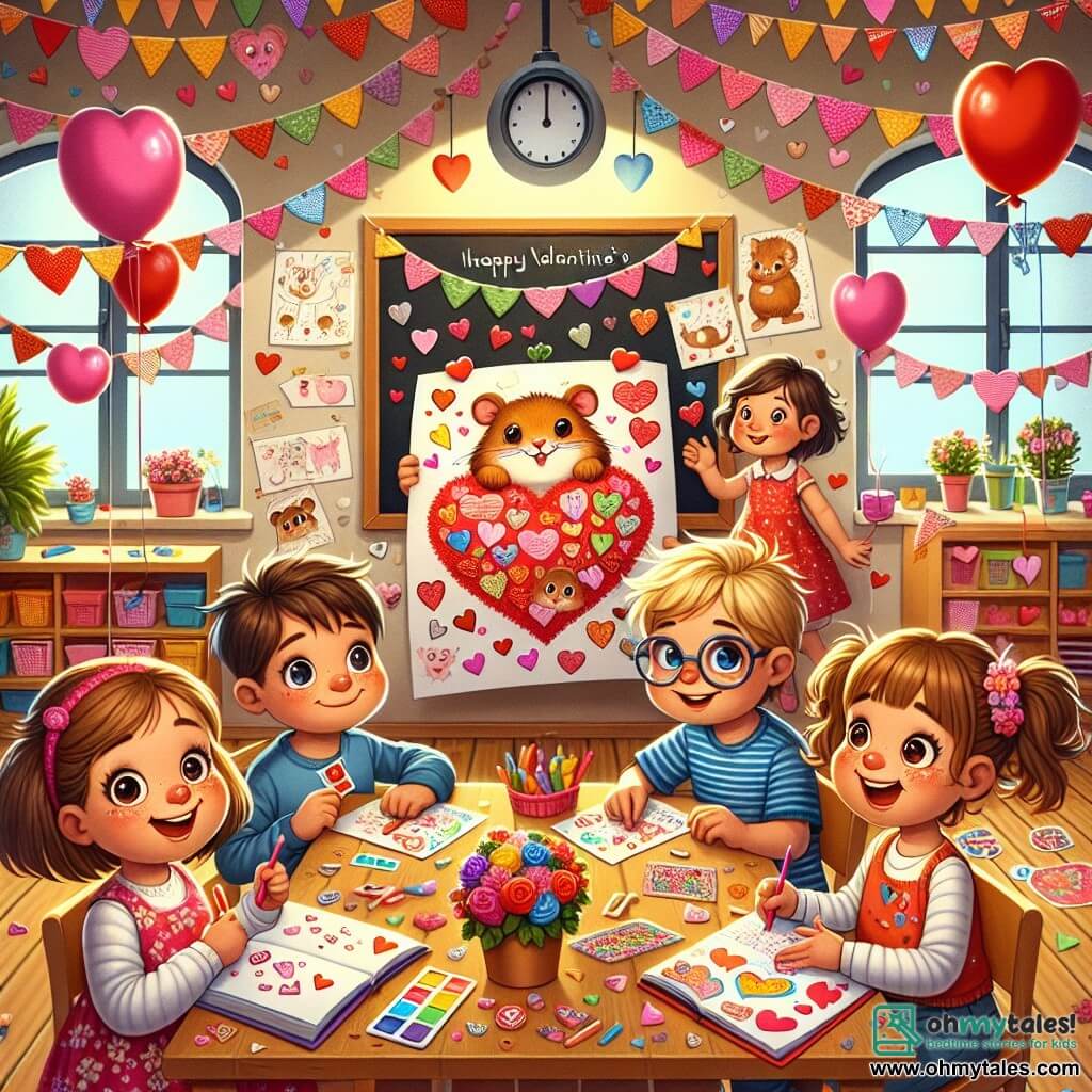 An illustration depicts a joyfully decorated classroom for Valentine's Day. The walls are adorned with colorful paper heart garlands, and red and pink balloons float from the ceiling. In the center, a large blackboard is filled with drawings of animals and hearts. In this scene, four children are gathered around a large table. A nine-year-old boy with messy brown hair wearing a blue t-shirt holds a giant card decorated with hamster drawings and hearts. Next to him, a nine-year-old girl with brown pigtails and a floral dress smiles enthusiastically while holding colorful stickers. Another nine-year-old boy with glasses and blonde hair admires the card, while a girl with curly hair and sparkling eyes, dressed in a pink sweater, takes notes in a small notebook. The main situation shows the children celebrating Valentine's Day, surrounded by treats and decorations, while preparing a giant card for their class hamster. On the table, heart-shaped chocolates are arranged, and a cheerful clown with a large red hat and colorful glasses juggles paper hearts, adding a touch of magic to the festive atmosphere.
