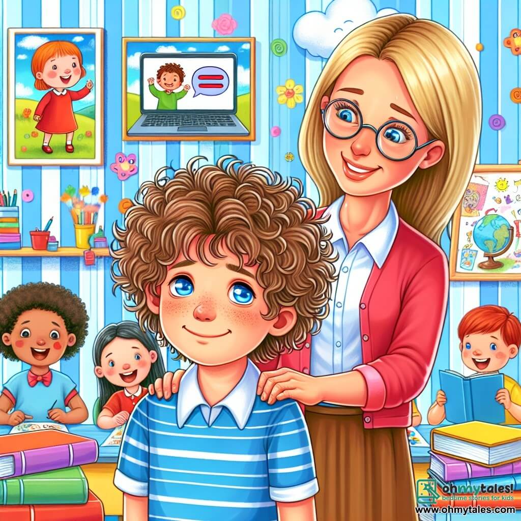 Une illustration destinée aux enfants représentant un garçon aux cheveux bouclés et aux yeux bleus, faisant face à un harceleur en ligne, avec l'aide précieuse d'une enseignante bienveillante, dans une salle de classe lumineuse et colorée remplie de livres et de dessins d'enfants joyeux.