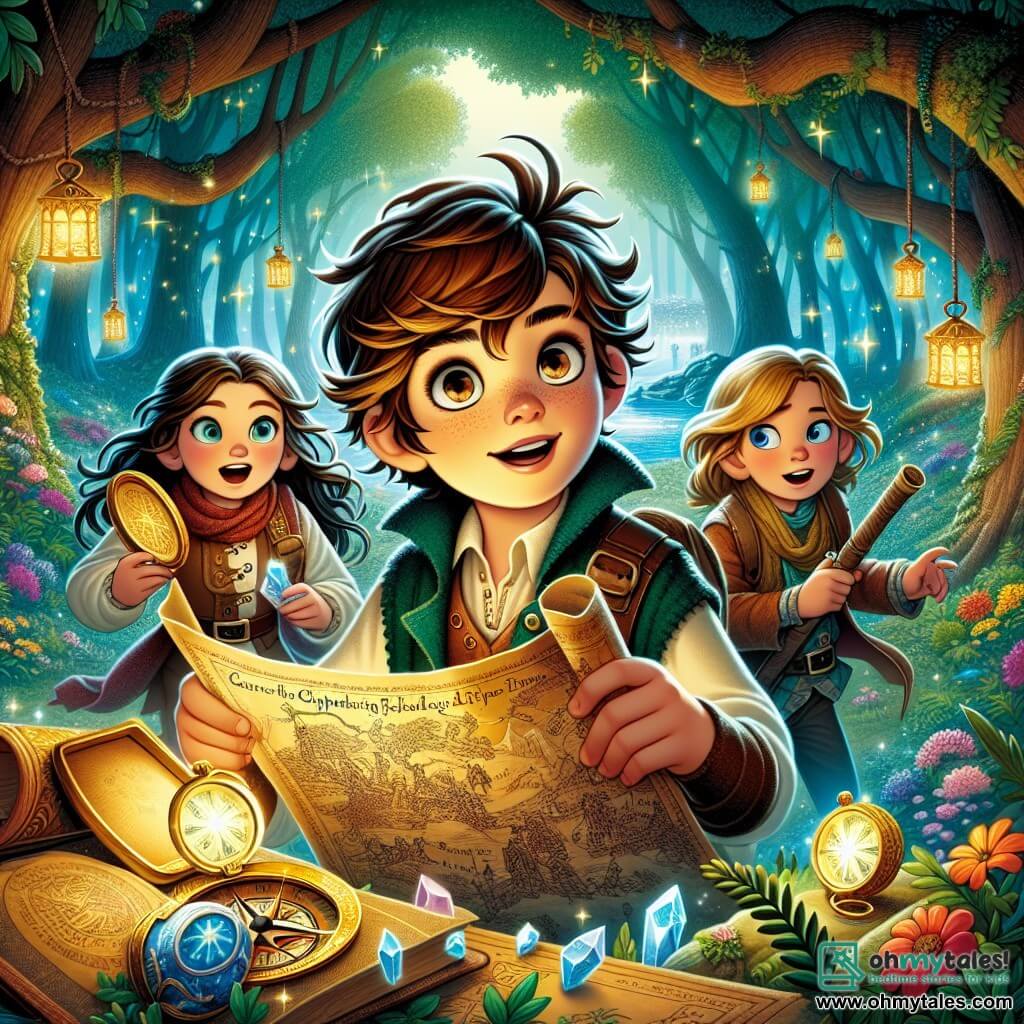 Une illustration sous forme de dessin destinée aux enfants représentant une clairière enchantée dans les Whispering Woods, où un garçon de 11 ans aux cheveux châtain en bataille et aux yeux noisette, tenant une carte au trésor, se tient avec un sourire d'excitation, entouré de deux amis : une fille aux yeux bleus et aux cheveux longs, qui examine un ancien compas, et un garçon aux cheveux bruns, armé d'un slingshot, tous trois prêts à partir à l'aventure pour découvrir le trésor légendaire de la capitaine Elara, avec des fleurs colorées et des cristaux scintillants illuminant la scène magique.