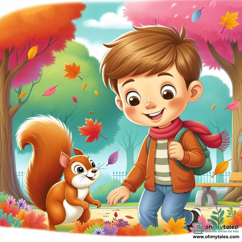 Une illustration destinée aux enfants représentant un jeune garçon curieux découvrant les merveilles de l'automne en compagnie d'un écureuil joyeux, dans un parc aux couleurs éclatantes avec des feuilles tombant doucement des arbres.