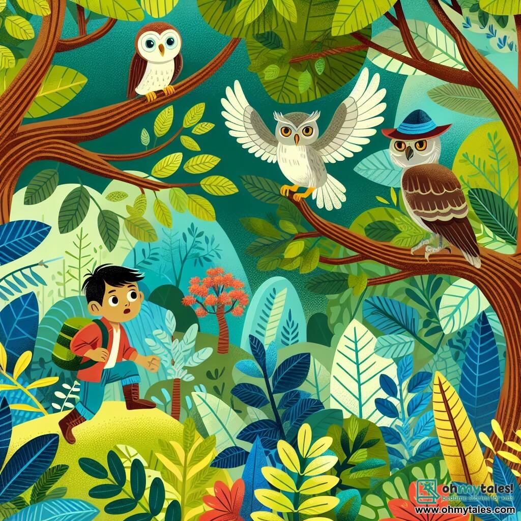 Une illustration destinée aux enfants représentant une jeune singe aventurière, une rencontre avec une chouette sage, dans la luxuriante et colorée jungle de Treetop Grove.