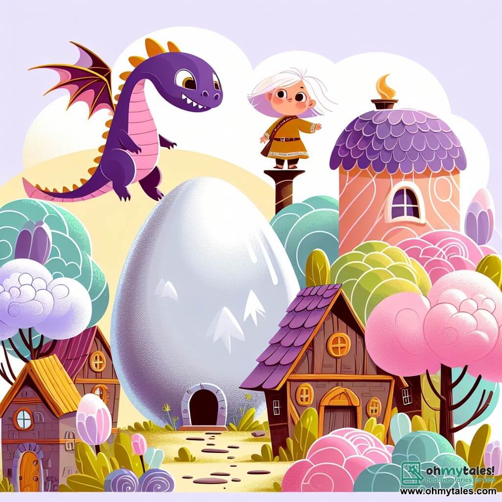 Une illustration destinée aux enfants représentant une fille intrépide découvrant un œuf argenté géant surmonté d'un petit dragon violet dans un village aux maisons en forme de bonbons et aux arbres en barbe à papa.