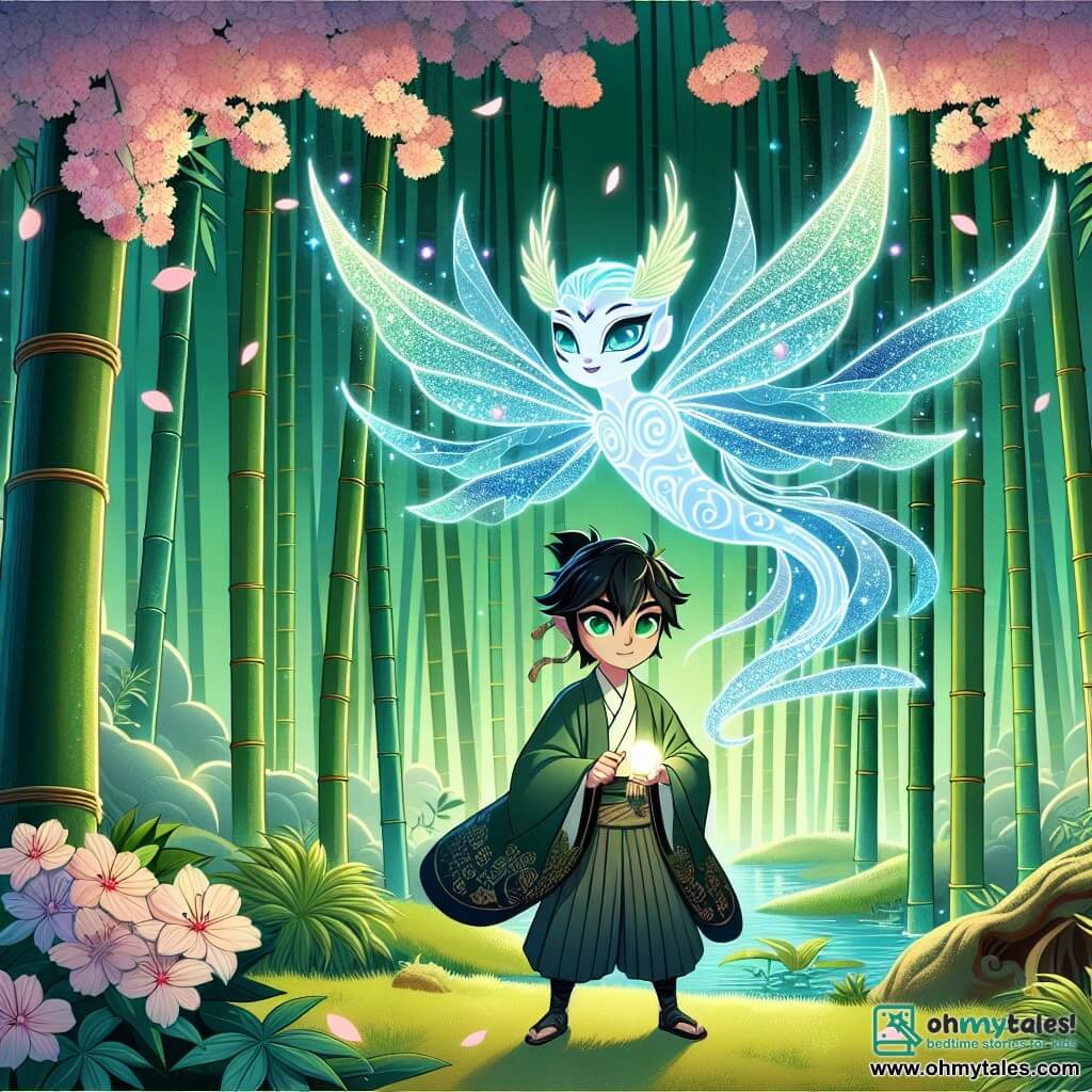 Une illustration sous forme de dessin destinée aux enfants représentant une forêt japonaise enchantée, avec des bambous majestueux aux teintes vertes vibrantes et des fleurs de cerisier en pleine floraison, où un jeune homme aux cheveux noirs et aux yeux pétillants, vêtu d'une tunique traditionnelle, se tient courageusement au centre, tenant une petite sphère lumineuse dans ses mains, tandis qu'une spirituelle créature éthérée aux ailes scintillantes, ressemblant à un papillon géant, flotte à ses côtés, l'encourageant dans sa quête de sagesse et de courage, alors qu'ils se préparent à affronter les épreuves mystérieuses de la forêt.