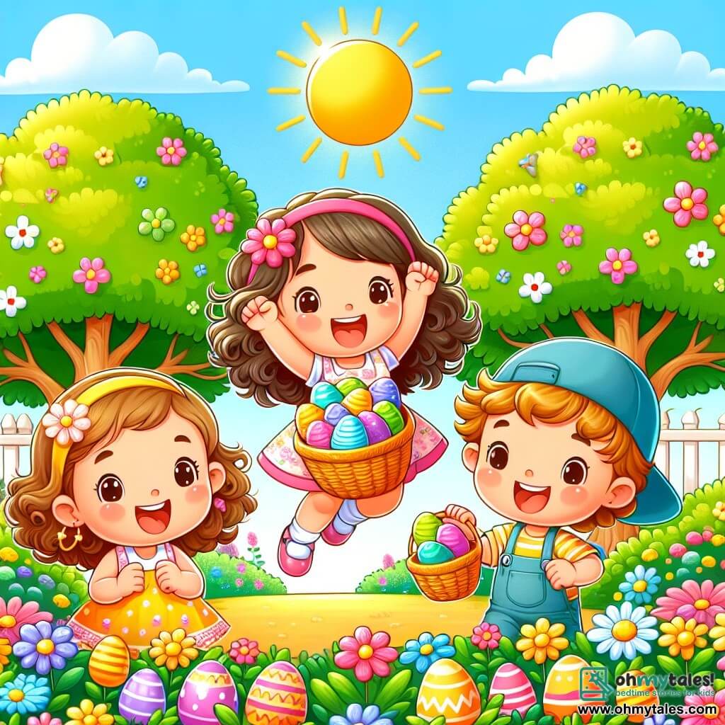 Une illustration sous forme de dessin destinée aux enfants représentant un parc ensoleillé rempli de fleurs colorées et d'arbres verdoyants, où une petite fille de 3 ans aux cheveux bruns et bouclés, portant une jolie robe rose, saute de joie en tenant un panier rempli d'œufs de Pâques colorés, tandis que deux amis, une fille de 3 ans en robe jaune et un garçon de 3 ans portant une casquette bleue, l'encouragent en souriant, tous trois célébrant leur chasse aux œufs dans une ambiance joyeuse et festive.