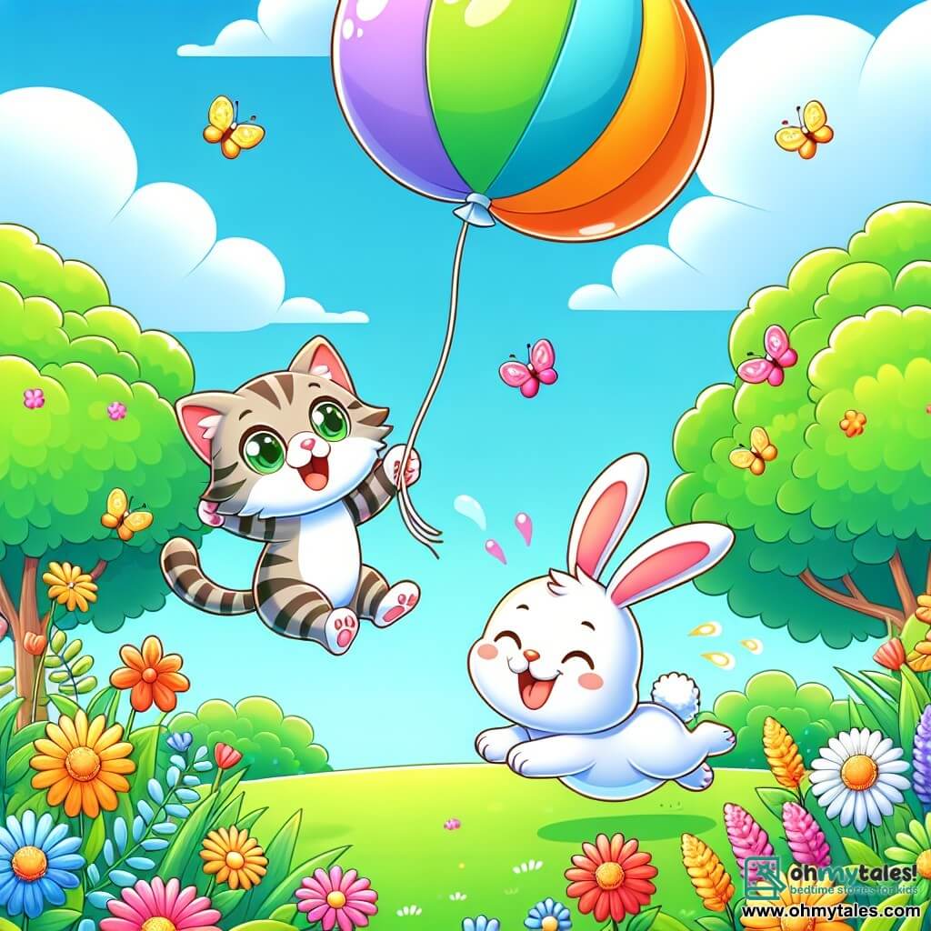 Une illustration sous forme de dessin destinée aux enfants représentant un jardin ensoleillé, rempli de fleurs colorées et d'arbres verdoyants, avec un chat aux yeux pétillants et au pelage rayé qui saute joyeusement pour attraper un grand ballon coloré flottant dans le ciel, tandis qu'un petit lapin aux grandes oreilles et au pelage blanc rit en essayant de le suivre en faisant des roulades dans l'herbe, capturant l'esprit ludique et amusant de leur aventure.