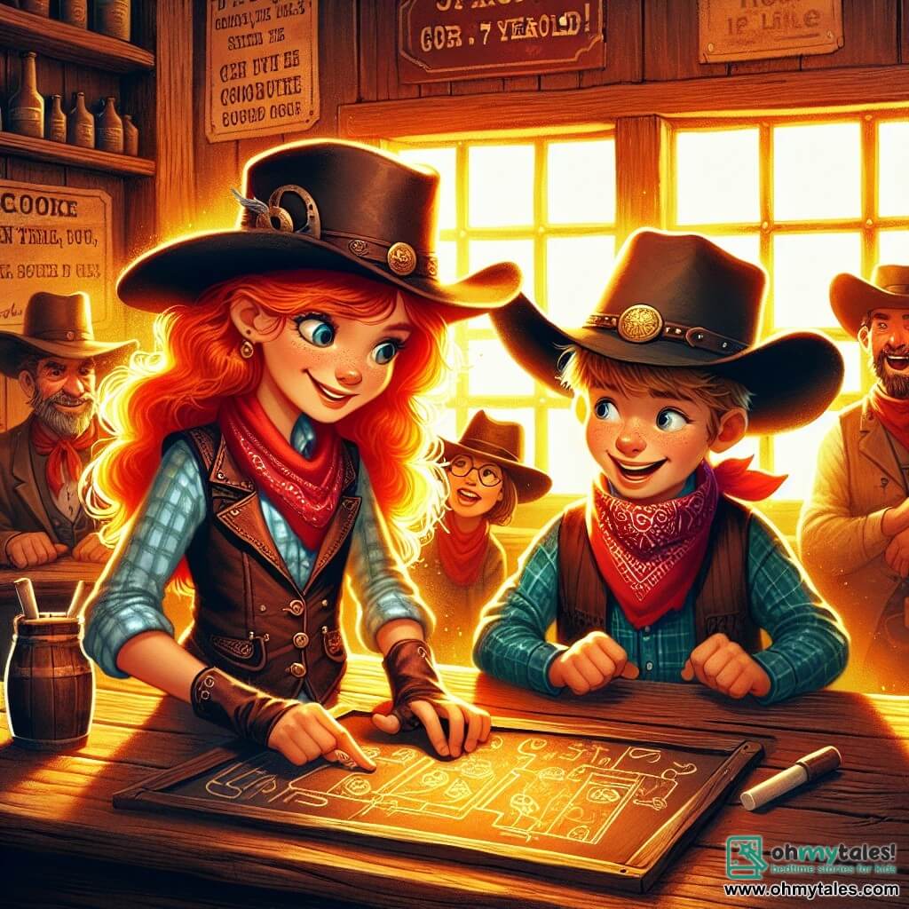Une illustration sous forme de dessin destinée aux enfants représentant une scène vibrante dans le saloon poussiéreux de Cactus Gulch, avec une jeune cowgirl aux cheveux roux flamboyants, portant un chapeau de cowboy et un gilet en cuir, en train de déchiffrer un mystérieux riddle sur un vieux tableau, tandis que son ami, un petit cowboy jovial avec un bandana rouge autour du cou, l'observe avec admiration, et en arrière-plan, des clients curieux aux visages souriants se penchent pour voir l'action, le tout baigné dans une lumière dorée du coucher de soleil filtrant à travers les fenêtres en bois.