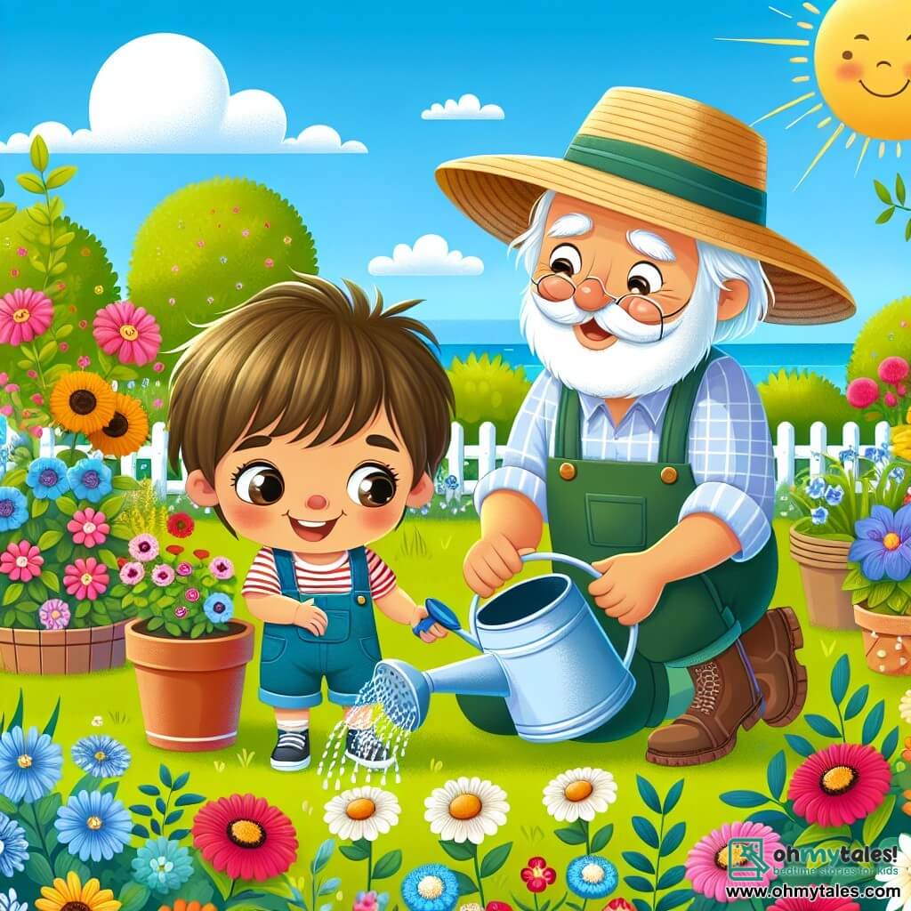 Une illustration sous forme de dessin destinée aux enfants représentant un grand jardin communautaire en été, rempli de fleurs colorées et de verdure, où un petit garçon d'environ un an, aux cheveux bruns et aux yeux pétillants, s'amuse à arroser des fleurs avec un petit arrosoir, tandis qu'un homme âgé, avec un grand chapeau de paille et une barbe grise, sourit et lui montre comment faire, le tout sous un ciel bleu ensoleillé, créant une atmosphère joyeuse et chaleureuse.