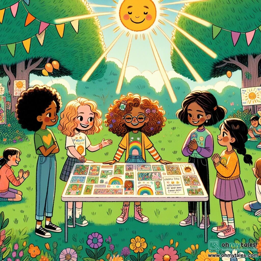 An illustration depicting a sunny afternoon in a lush green park filled with colorful flowers and large trees with abundant leaves. In the center, a group of four young girls, about nine years old, stands around a large table decorated with colorful t-shirts and informational posters about the disease. The first girl, a curly-haired blonde, smiles enthusiastically while holding a microphone, ready to speak to the crowd. Next to her, a frizzy-haired brunette with round glasses flips through a notebook filled with drawings and ideas. Another girl, with smooth brown hair, looks kindly while resting her hands on her friends' shoulders. Finally, the last girl, with black hair in a braid, holds a large poster adorned with a smiling sun and words of encouragement. The scene exudes camaraderie and joy, with children and adults gathered around, clapping and smiling. Colorful balloons float in the air, and rays of sunshine filter through the branches of the trees, creating a warm and welcoming atmosphere.