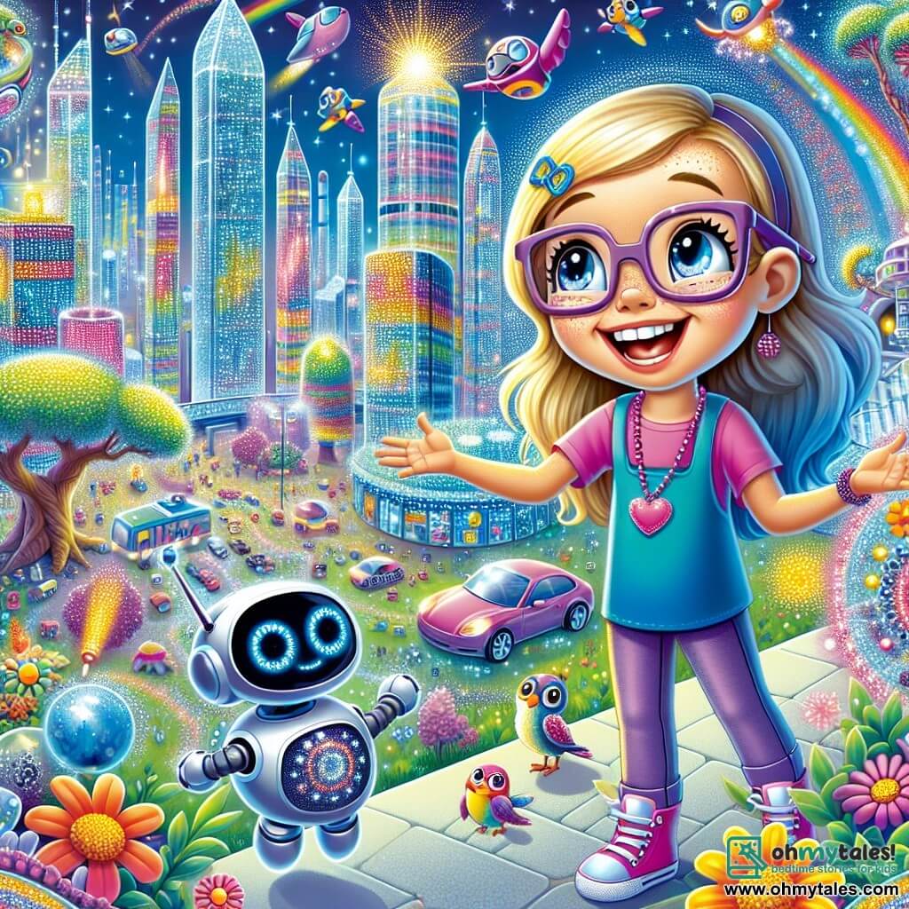 Une illustration sous forme de dessin destinée aux enfants représentant une ville futuriste colorée, avec des gratte-ciels en verre scintillant et des voitures volantes, où une fille de 9 ans aux cheveux bleus brillants et portant des lunettes violettes, souriante et pleine d'énergie, interagit avec un petit robot rond aux yeux pétillants qui flotte à ses côtés, alors qu'ils discutent joyeusement avec des oiseaux colorés perchés sur une branche, dans un parc vibrant rempli de fleurs luminescentes et d'inventions technologiques.