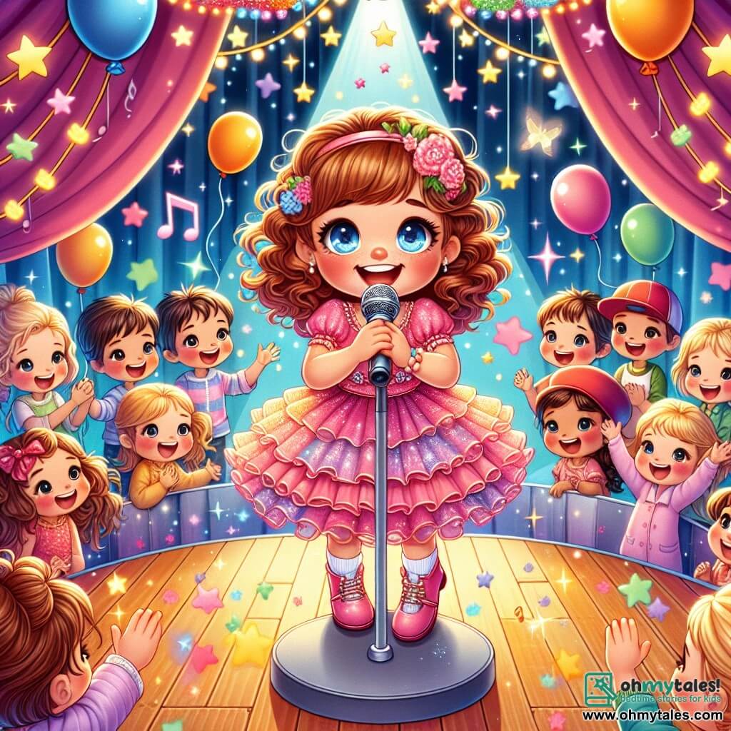 The illustration depicts a vibrant scene in a performance hall decorated with colorful balloons and sparkling garlands. In the center, a 3-year-old girl with curly brown hair and sparkling blue eyes stands on a shiny wooden stage, holding a microphone and singing with a big smile. She wears a pretty pink ruffled dress that twirls around her as she moves. Around the stage, children of various ages are present, including a 4-year-old boy with blonde hair and a red cap who claps enthusiastically, and a 5-year-old girl with brown pigtails and a sparkling dress who dances joyfully. The little girl, full of confidence, sings her favorite song, surrounded by a friendly audience encouraging her with smiles and cheers. Shining stars and musical notes float in the air, adding a magical touch to this beautiful performance. The atmosphere is joyful and festive, illustrating themes of self-confidence and friendship.