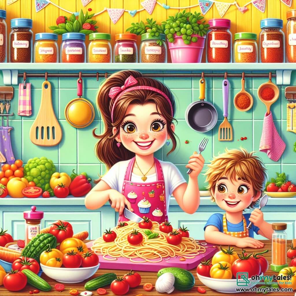 An illustration depicts a bright and colorful kitchen with pastel yellow walls and shelves filled with multicolored spice jars. In the center, a large wooden table is covered with fresh fruits, vibrant vegetables, and shiny pots. The main character is a cheerful young woman with long brown hair tied in a ponytail. She wears a pink apron adorned with small cakes and smiles widely while cutting bright red tomatoes with a small knife. Next to her is an eight-year-old boy with messy blond hair and sparkling curious eyes, watching in amazement. He wears a blue t-shirt and a matching small apron, holding a fork in one hand, eager to taste the dish she is preparing. The main scene shows the young woman making a spaghetti dish while the boy enthusiastically encourages her, excited to sample her creation. Splashes of tomato sauce and fresh herbs add a dynamic touch to the scene, illustrating the magic and joy of cooking together.