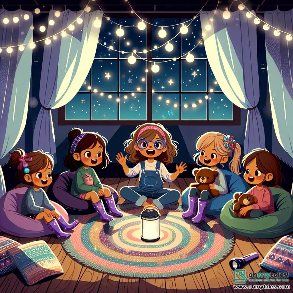 An illustration depicts a nighttime scene in a cozy living room adorned with sparkling fairy lights. The floor is covered with colorful rugs, and fluffy cushions are scattered around four sleeping bags. Four girls, about 10 years old, are present. One has large brown curls and wears blue glasses, smiling enthusiastically. Another girl, in purple rain boots and with straight hair, holds a flashlight. The third girl has blonde hair held back with colorful clips and is clutching a teddy bear. The last girl has brown hair and a big smile, animatedly telling a story. The main scene shows the girls sitting in a circle, surrounded by a soft light, as they attentively listen to one of them narrate a story. Shadows dance on the walls, creating a mysterious and magical atmosphere. Outside the window, a starry sky adds a touch of nighttime beauty to the illustration.