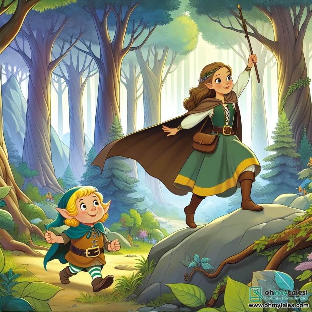 Une illustration destinée aux enfants représentant une princesse courageuse se lançant dans une quête périlleuse pour sauver son royaume, accompagnée d'un petit elfe malicieux, à travers une forêt enchantée aux arbres qui murmurent des secrets anciens et où l'air est empli de magie.