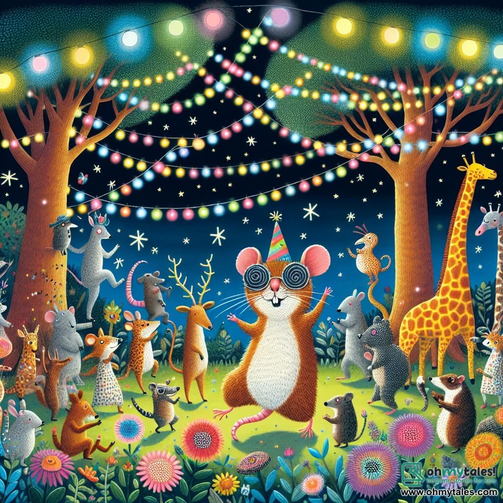 Illustration destinée aux enfants représentant une scène vibrante d'une fête dans une clairière en pleine nuit, illuminée par des guirlandes de lumières scintillantes suspendues entre les arbres majestueux, où des fleurs colorées dansent au rythme de la musique. Au centre, un petit rat aux yeux pétillants et à un chapeau fait d'un bouchon de bouteille, effectue une danse joyeuse, ses pattes arrière levées en l'air, tandis qu'un écureuil au pelage brun et une lapine aux grandes oreilles blanches l'encouragent en applaudissant, entourés d'une foule d'animaux amusés, comme des girafes en lunettes de soleil et des flamants roses dansants. L'atmosphère est remplie de rires et de couleurs, avec des étoiles brillantes dans le ciel nocturne, créant une ambiance festive et magique.