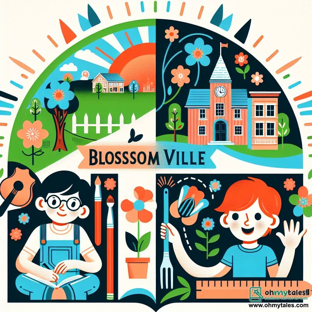 Une illustration destinée aux enfants représentant un artiste talentueux et créatif, un garçon curieux, et un parc ensoleillé de la petite ville fleurie de Blossomville.