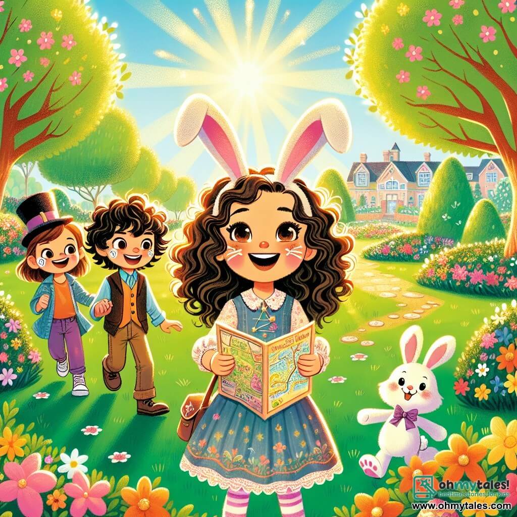 Une illustration sous forme de dessin destinée aux enfants représentant un parc ensoleillé de Sunnyvale, rempli de fleurs colorées et d'arbres en fleurs, avec une fille de 9 ans aux cheveux bruns et bouclés, portant des oreilles de lapin et un sourire radieux, qui tient une carte magique dans ses mains, entourée de ses amis, dont un garçon aux cheveux frisés et un visage peint en lapin, tous deux riant et cherchant des œufs de Pâques cachés, alors qu'un adorable lapin en peluche, portant un petit chapeau haut de forme, les observe joyeusement depuis un coin du parc.