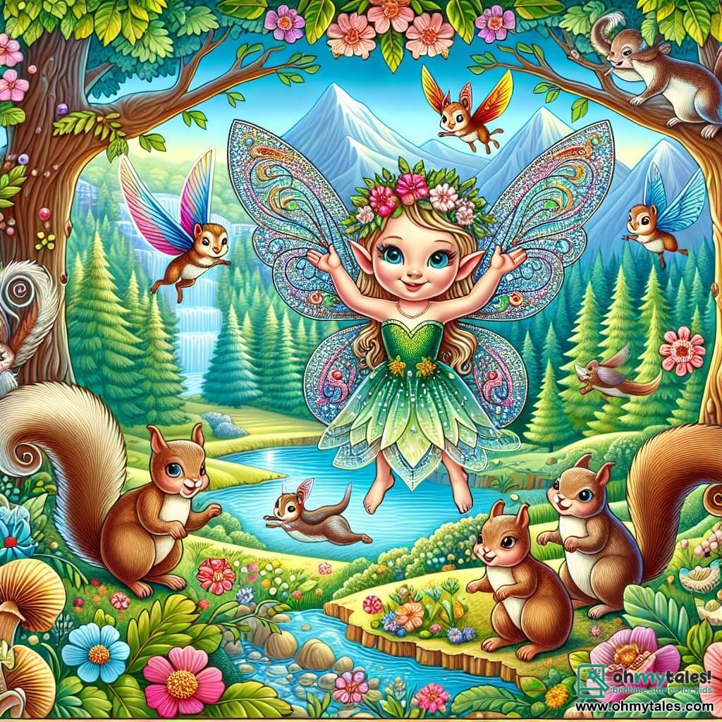 Une illustration destinée aux enfants représentant une fée espiègle aux ailes scintillantes, se retrouvant au cœur de la forêt enchantée, entourée de créatures rigolotes, tels que des écureuils volants, dans un paysage luxuriant avec des arbres majestueux, des ruisseaux cristallins et des fleurs multicolores.