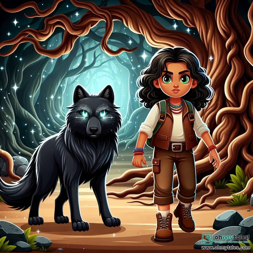 Une illustration sous forme de dessin destinée aux enfants représentant une forêt sombre et mystérieuse, où une fille de 11 ans aux cheveux bouclés et aux yeux verts brillants, vêtue d'un gilet en cuir et d'un pantalon de randonnée, se tient courageusement devant un arbre ancien aux racines noueuses, tandis qu'un loup majestueux au pelage noir et aux yeux étincelants l'observe attentivement, tous deux prêts à affronter les esprits perdus qui hantent les lieux, créant une atmosphère à la fois effrayante et fascinante.