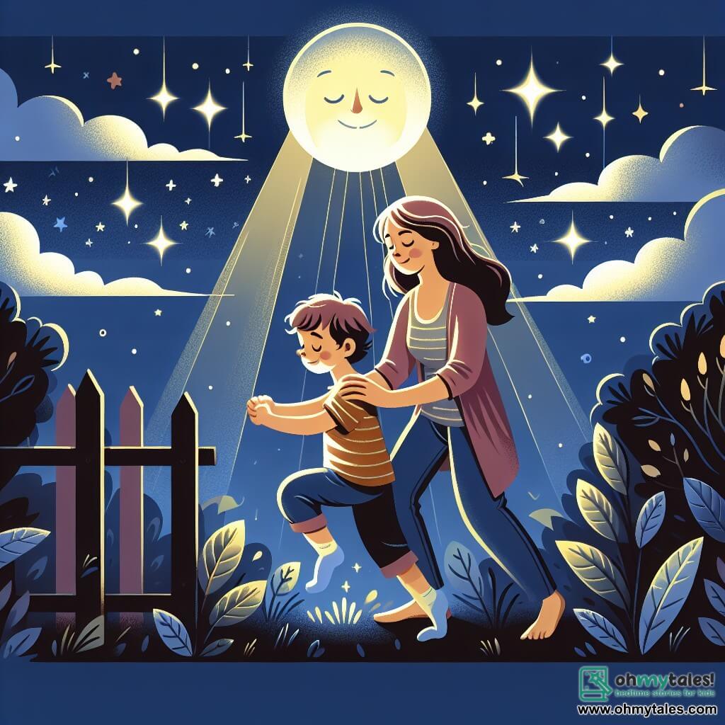 Une illustration destinée aux enfants représentant un petit garçon courageux surmontant sa peur du noir avec l'aide bienveillante de sa maman, dans un jardin nocturne baigné par la douce lueur de la lune et des étoiles scintillantes.