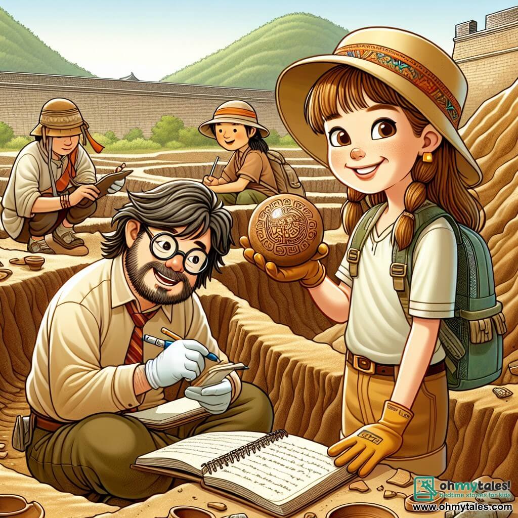Une illustration sous forme de dessin destinée aux enfants représentant un site archéologique en plein air à Xi'an, avec des fouilles entourées de terres brunes et de pierres anciennes, où un homme aux cheveux ébouriffés et aux lunettes rondes, vêtu d'une chemise beige et d'un chapeau de paille, examine avec enthousiasme un morceau de poterie délicatement décoré, tandis qu'une jeune fille aux cheveux longs et bruns, portant un sac à dos et un sourire radieux, prend des notes dans un carnet, et un garçon au teint hâlé, avec une casquette et des gants, utilise une petite pelle pour dégager le sol, tous trois plongés dans l'excitation de découvrir des trésors du passé qui racontent l'histoire de la dynastie Han.