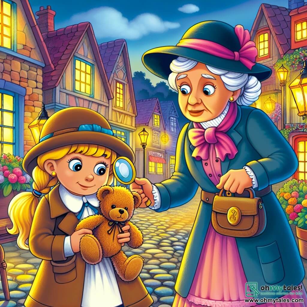 Une illustration destinée aux enfants représentant une jeune détective brillante résolvant le mystère de la disparition de son ours en peluche avec l'aide d'une vieille dame gentille, dans la charmante ville de Willowbrook, illuminée par des lanternes colorées et bordée de chemins pavés.