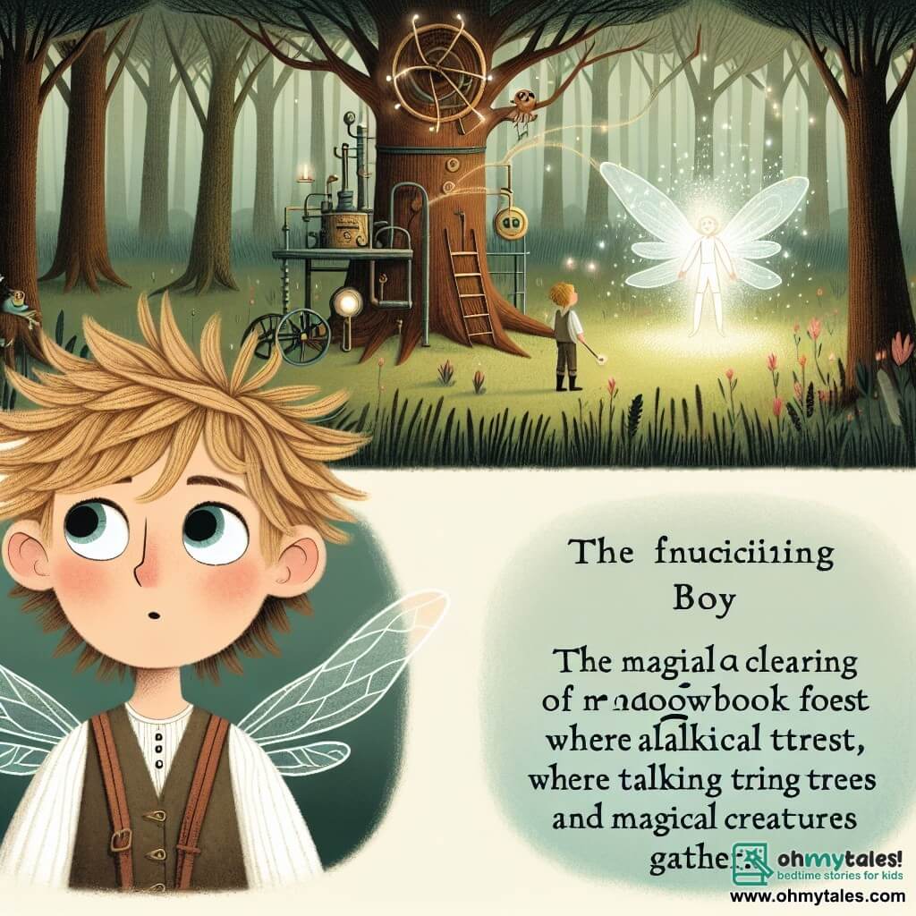 Une illustration destinée aux enfants représentant un jeune garçon aux cheveux en broussaille, se tenant devant une mystérieuse contraption, accompagné d'une fée étincelante, dans une clairière enchantée au cœur de la forêt de Meadowbrook, où des arbres parlants et des créatures magiques se réunissent.