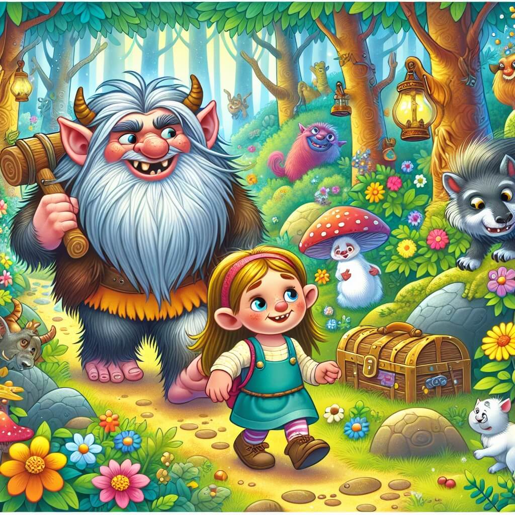 Une illustration destinée aux enfants représentant un troll malicieux, accompagné d'une petite fille, explorant une forêt enchantée remplie de fleurs colorées, d'animaux parlants et de trésors cachés.