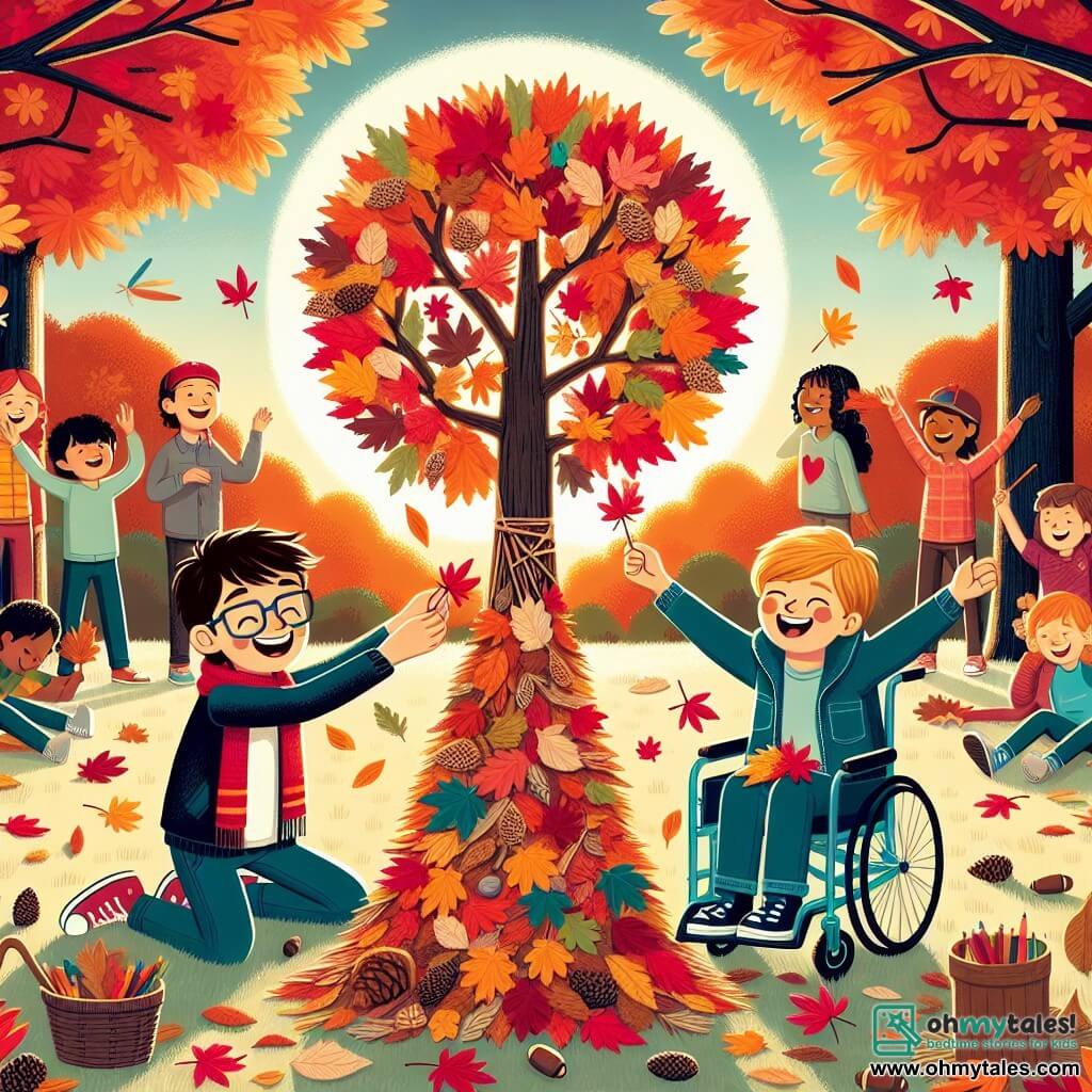 An illustration depicting a park in autumn, featuring a large oak tree with vibrant red, orange, and yellow leaves scattered on the ground. In the center, two ten-year-old boys, one with brown hair and glasses, smiling joyfully, and the other with blonde hair, seated in a blue wheelchair, are surrounded by colorful leaves. They are creating a large collage tree using leaves, pine cones, and acorns, united in a moment of creativity and friendship. In the background, friends are gathered, laughing and holding leaves, as the sun sets, casting a golden light over the scene, adding a warm and festive atmosphere.