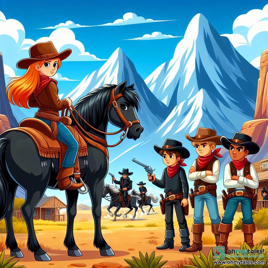 Une illustration sous forme de dessin destinée aux enfants représentant un paysage vibrant du Far West avec des montagnes majestueuses en arrière-plan et un ciel bleu éclatant, où une courageuse cowgirl aux cheveux roux flamboyants, portant un chapeau de cow-boy et une tenue en cuir, se tient fièrement sur son cheval noir, observant attentivement un groupe de bandits malicieux aux chapeaux sombres qui tentent de voler de l'argent dans une tente de rodeo, tandis que deux de ses amis, un garçon mince avec un lasso et une fille aux cheveux bruns, se préparent à l'aider à défendre leur ville, créant une atmosphère d'aventure et de camaraderie.
