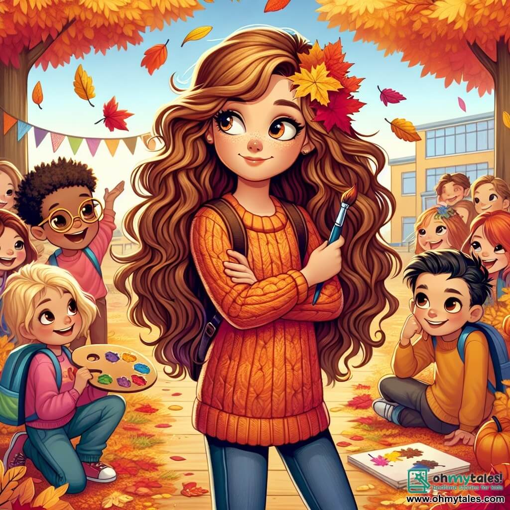 An illustration depicts a scene in a schoolyard during autumn, where golden and red leaves fall from the trees, creating a colorful carpet on the ground. In the center, an 11-year-old girl with long, curly brown hair and sparkling curious eyes stands in front of a group of classmates, a look of hesitation on her face. She wears an orange sweater and jeans, holding a paintbrush and a palette, ready to reveal her talent. Next to her, a 10-year-old boy with tousled blonde hair and an encouraging smile watches her with admiration, while another 11-year-old girl with straight black hair crosses her arms, displaying an expression of anticipation. The main situation shows the girl preparing to share her true talent as a painter after admitting she couldn't juggle apples, illustrating the moment she chooses to be honest in front of her peers. In the background, colorful posters announce the talent show, and children laugh and chat, adding a joyful and lively atmosphere to the scene.