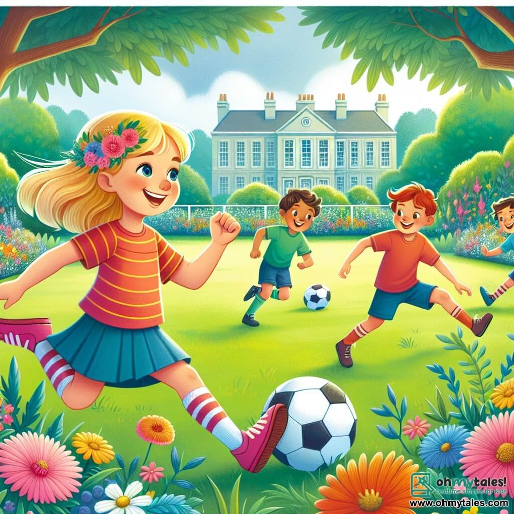 Une illustration destinée aux enfants représentant une fillette pleine d'énergie défiant les stéréotypes de genre en jouant au soccer avec des garçons dans un parc verdoyant bordé de fleurs colorées et d'arbres majestueux.
