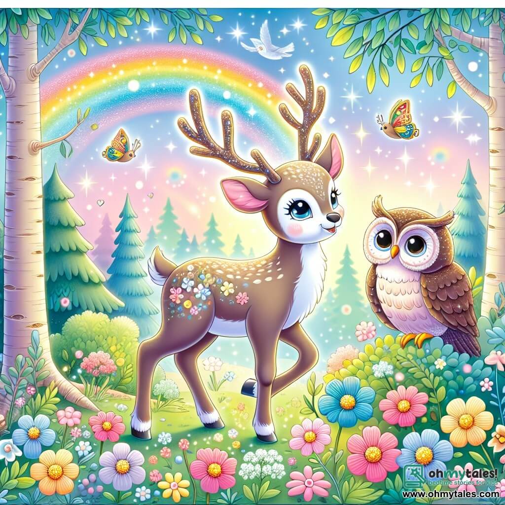 Une illustration destinée aux enfants représentant une magnifique renne aux yeux brillants évoluant dans une forêt enchantée, accompagnée d'une sage chouette, dans un décor de fleurs aux couleurs de l'arc-en-ciel.