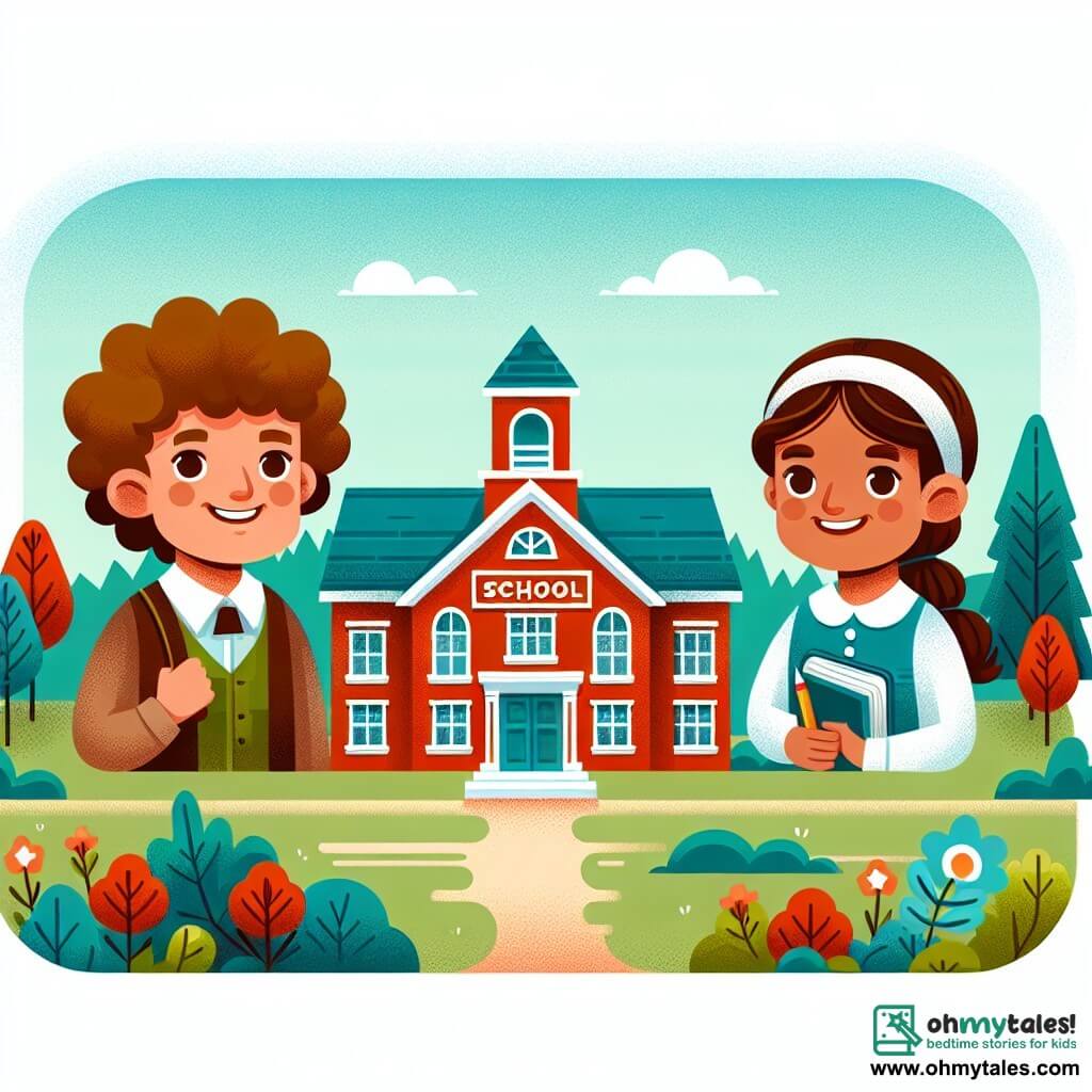 Une illustration destinée aux enfants représentant un garçon aux boucles brunes, une fille pleine de vie, une école colorée en brique rouge située dans la paisible ville de Willow Creek.