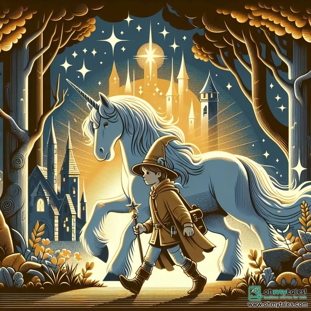 Une illustration destinée aux enfants représentant un jeune apprenti sorcier courageux, accompagné d'une majestueuse licorne, explorant un mystérieux et enchanteur village forestier baigné de lumière dorée.