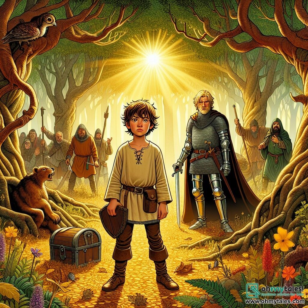 An illustration depicts a vibrant scene in a dense medieval forest, where tall, gnarled trees reach towards the sky, their leaves forming a green canopy. Sun rays pierce through the branches, illuminating the ground covered with golden leaves and colorful wildflowers. In the center, an 11-year-old boy with messy brown hair and sparkling curious eyes wears a simple tunic and holds a small wooden shield. He stands determinedly, cradling an ancient chest in his arms, a proud smile on his face, showcasing his bravery. Beside him, a young man around 20, clad in shining armor with blonde hair and a proud expression, wields a sword, ready to defend the boy from the forest's dangers. In the background, a group of bandits, with scowling faces and dark clothing, prepares to attack, adding palpable tension to the scene. Details like birds perched on branches and curious animals observing complete the illustration, creating an atmosphere of adventure and mystery.
