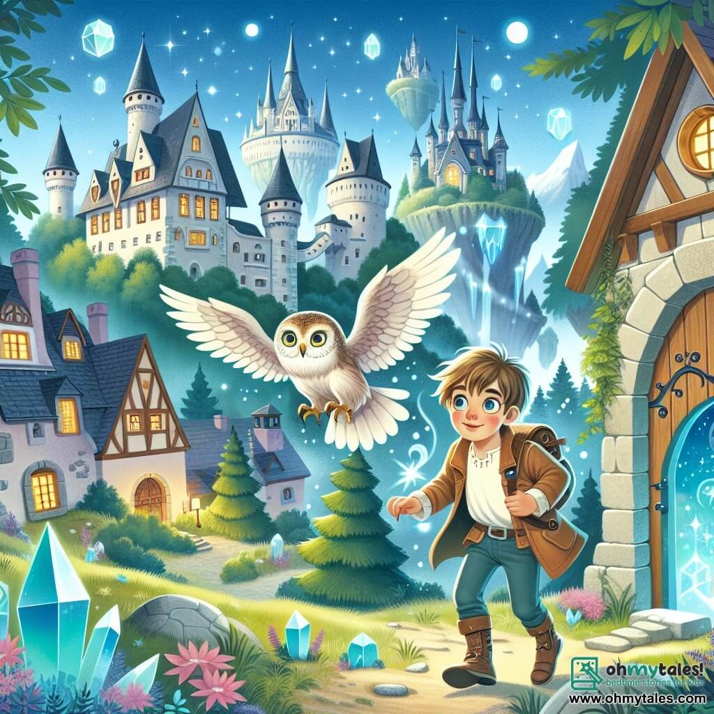 Une illustration destinée aux enfants représentant un jeune garçon intrépide découvrant un portail magique dans un village pittoresque, accompagné d'une chouette sage, dans un royaume enchanté aux châteaux flottants et aux cristaux lumineux.