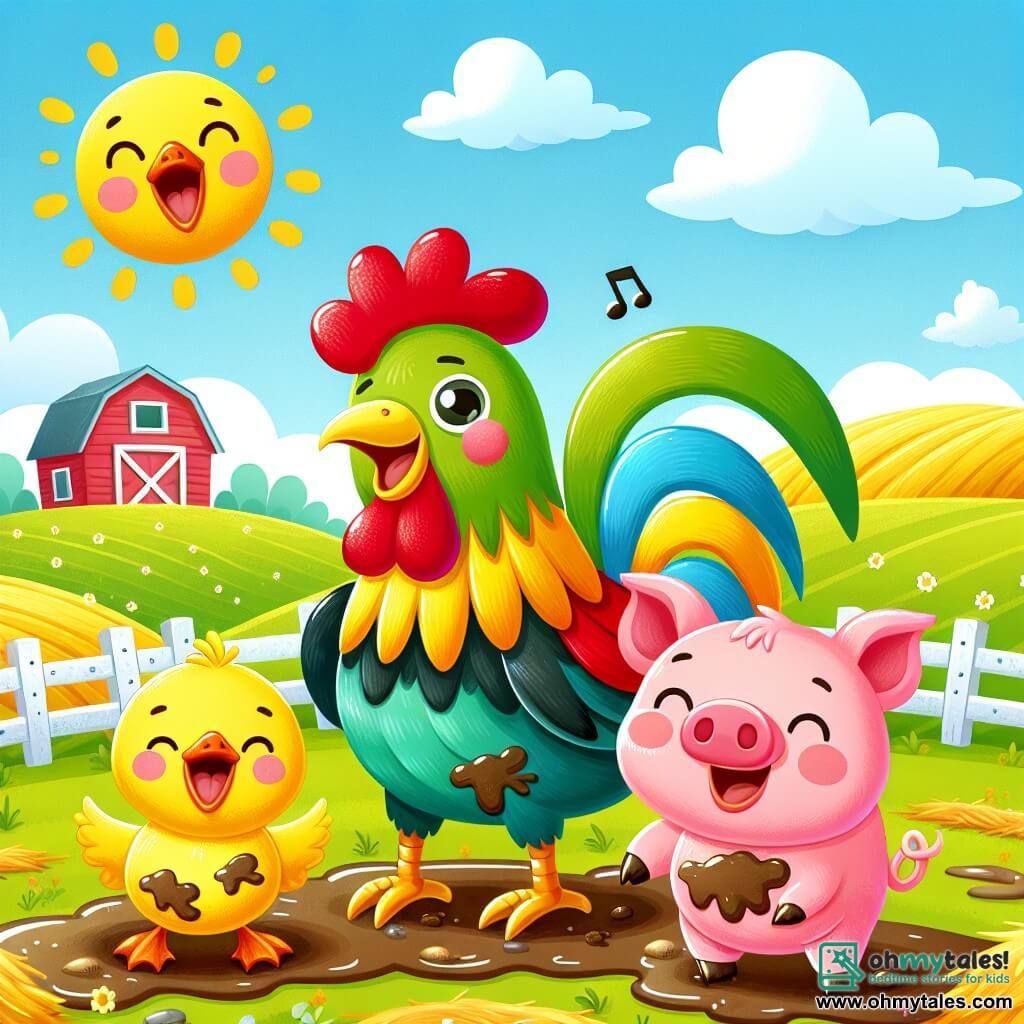 Une illustration sous forme de dessin destinée aux enfants représentant une ferme ensoleillée avec des champs verdoyants et un ciel bleu, où un coq coloré aux plumes rouges, dorées et vertes se tient fièrement au centre, en train de chanter joyeusement, tandis qu'à ses côtés, une canne jaune aux plumes douces et un cochon rose aux joues rondes rient ensemble, tous trois couverts de boue et de foin après avoir joué dans un tas de paille, illustrant l'amitié et le plaisir de la course amusante qu'ils viennent de vivre.
