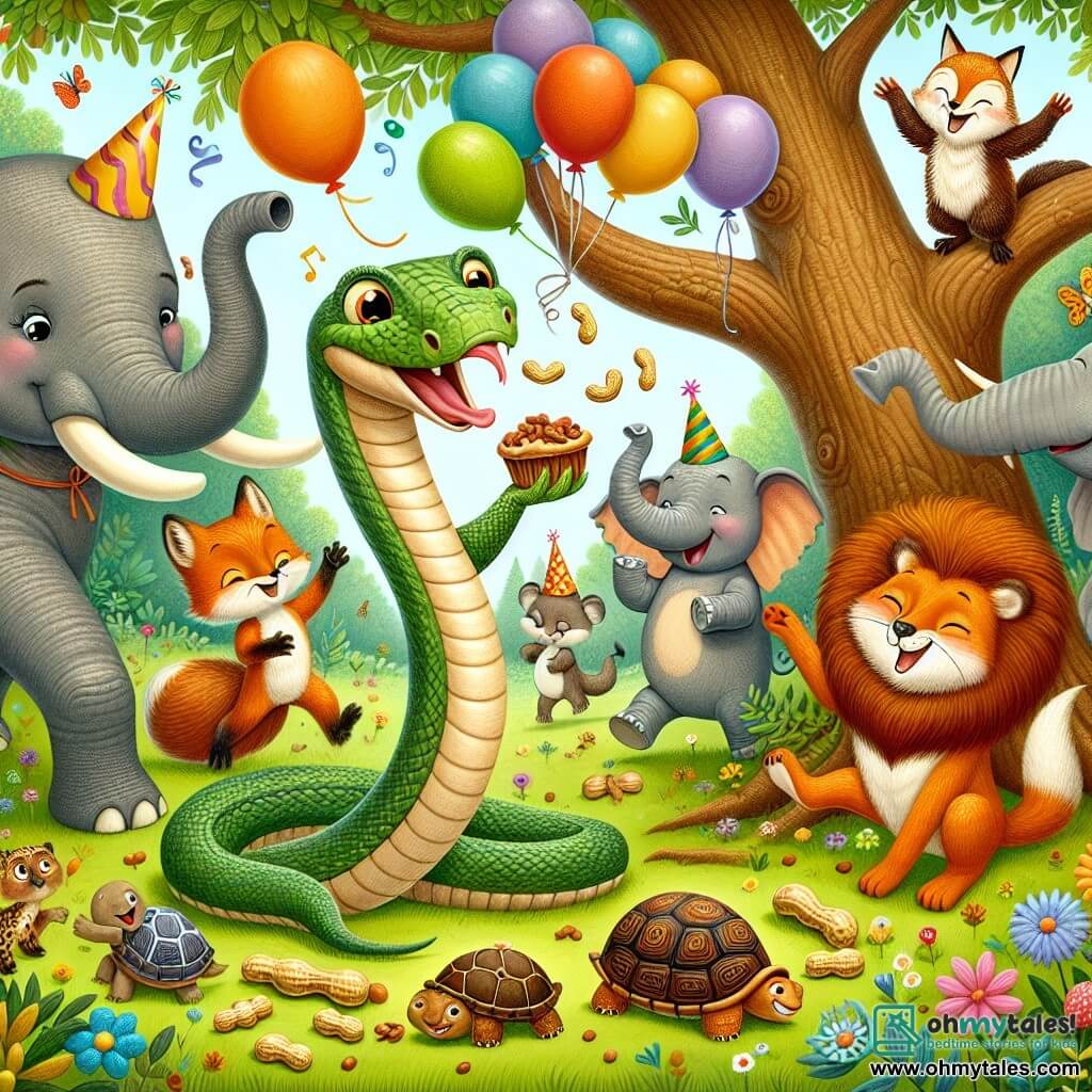 Une illustration destinée aux enfants représentant un serpent malicieux et joyeux organisant une fête surprise pour son ami renard, avec des animaux amis tels qu'une éléphante portant des cacahuètes, une tortue avec des biscuits en forme de tortue, une lionne avec une danse spectaculaire et un hibou perché dans un arbre avec des ballons en forme de hibou, dans une clairière enchantée remplie de fleurs colorées et d'arbres majestueux.