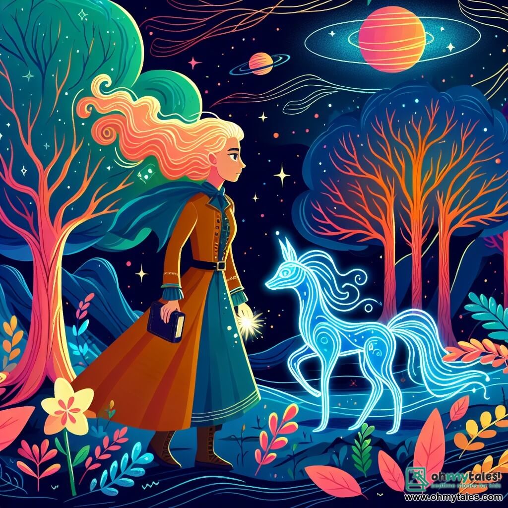 Une illustration destinée aux enfants représentant une femme courageuse et intelligente, accompagnée d'une créature lumineuse, explorant une forêt mystique aux couleurs vives sur une planète lointaine.