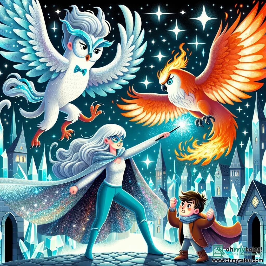 Une illustration destinée aux enfants représentant une super-héroïne aux cheveux argentés, vêtue d'une cape scintillante, combattant un vilain sorcier des ombres aux côtés d'une chouette sage aux plumes argentées et d'un phénix flamboyant, dans la ville étincelante de Crystalia, où les bâtiments brillent comme des cristaux sous un ciel étoilé.