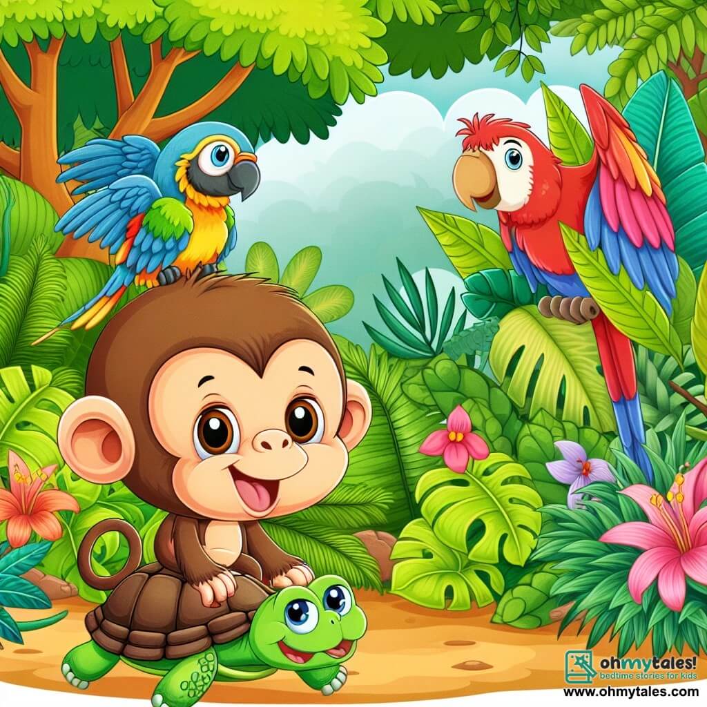 Une illustration destinée aux enfants représentant un adorable singe malicieux, accompagné d'une tortue lente et d'un perroquet bavard, explorant une jungle luxuriante remplie de couleurs vives et de plantes exotiques.