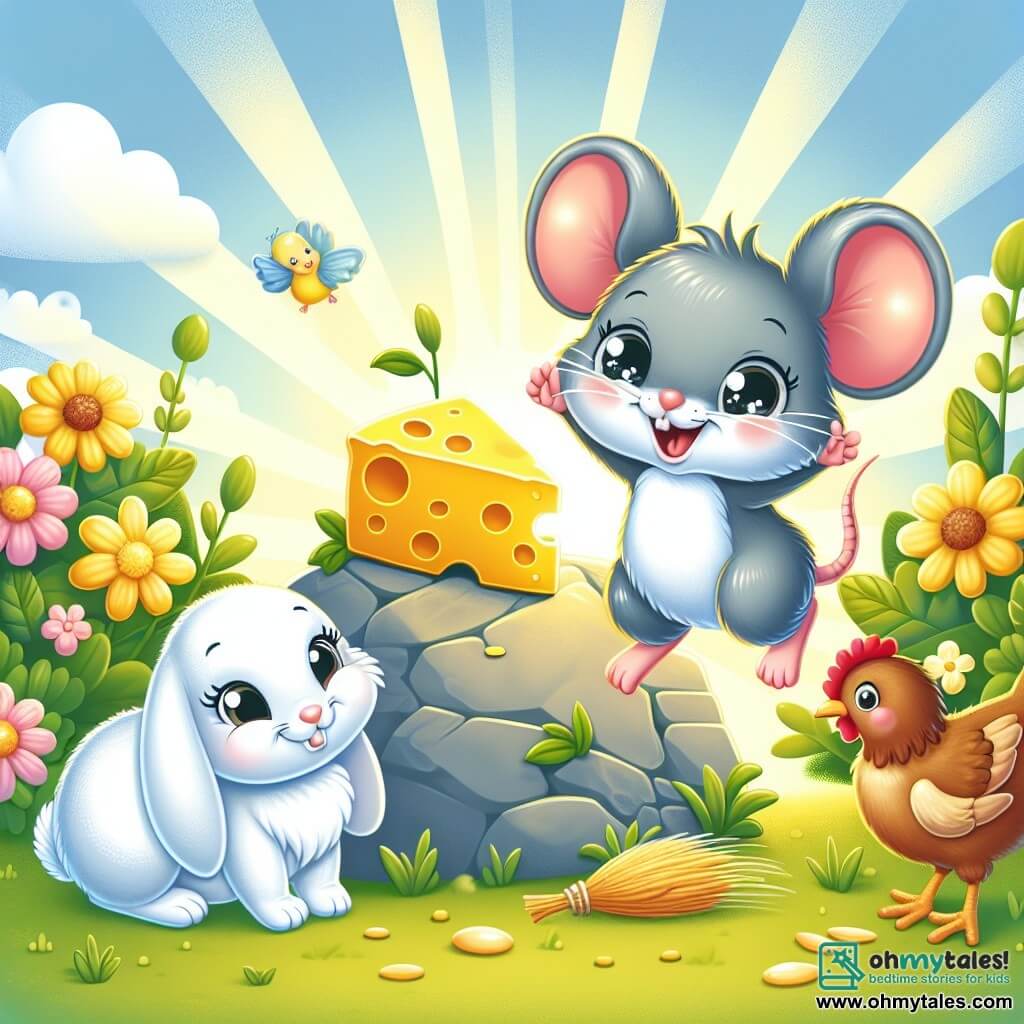 Une illustration sous forme de dessin destinée aux enfants représentant un jardin coloré et ensoleillé, avec une petite souris grise aux grandes oreilles et aux yeux pétillants, sautillant joyeusement vers un morceau de fromage jaune brillant caché derrière une pierre, tandis qu'un lapin blanc aux longues oreilles l'observe avec un sourire amical et une poule rousse picore des graines à proximité, le tout dans une ambiance de fête et d'amitié, avec des fleurs éclatantes et des feuilles vertes entourant la scène.