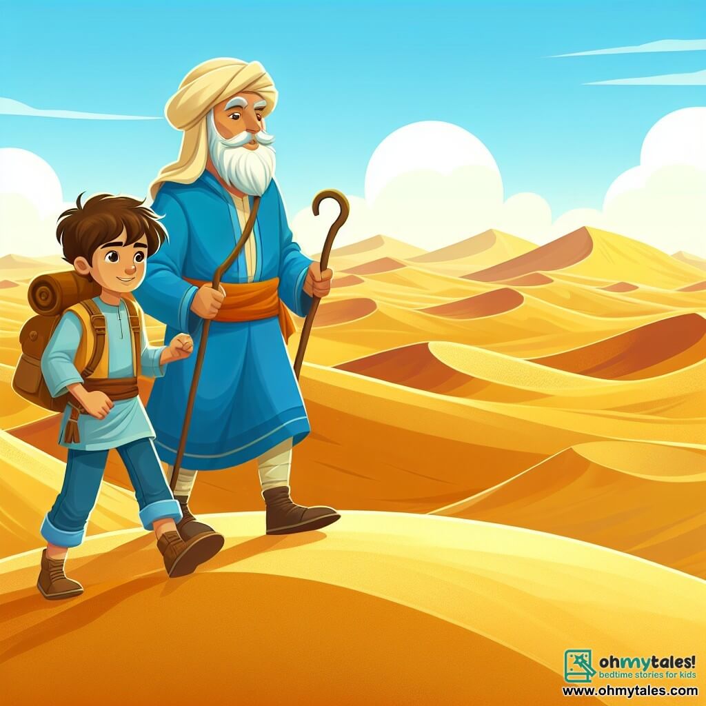 Une illustration destinée aux enfants représentant un jeune explorateur courageux, accompagné d'un sage mentor, parcourant un désert infini de dunes dorées sous un ciel bleu azur.