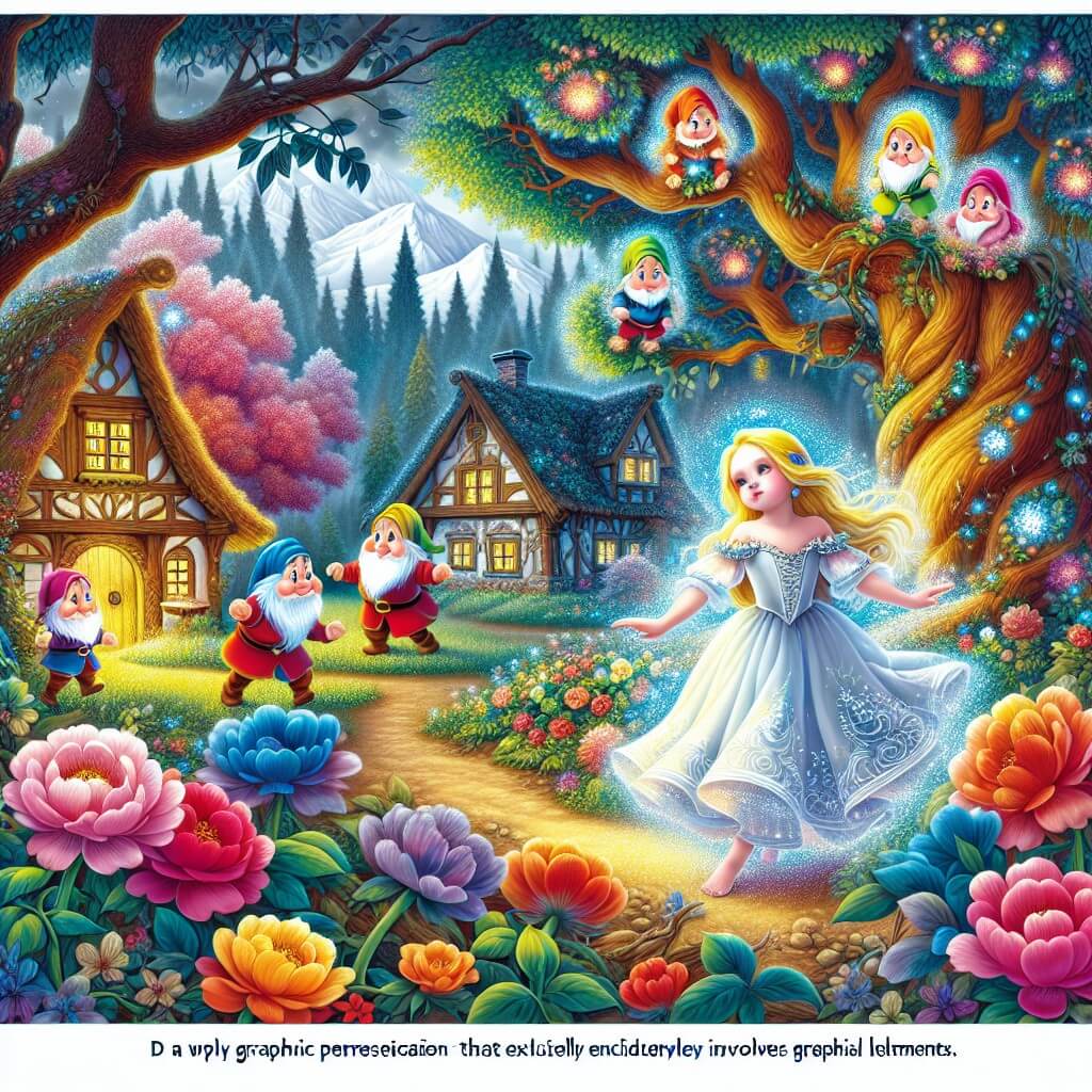 Une illustration destinée aux enfants représentant une jeune princesse au teint lumineux, en proie à la jalousie de sa méchante belle-mère, qui se retrouve perdue dans une forêt enchantée, où elle découvre un charmant cottage habité par sept adorables nains, entouré de majestueux arbres aux feuilles chatoyantes et de fleurs multicolores qui dansent au rythme d'une douce brise printanière.