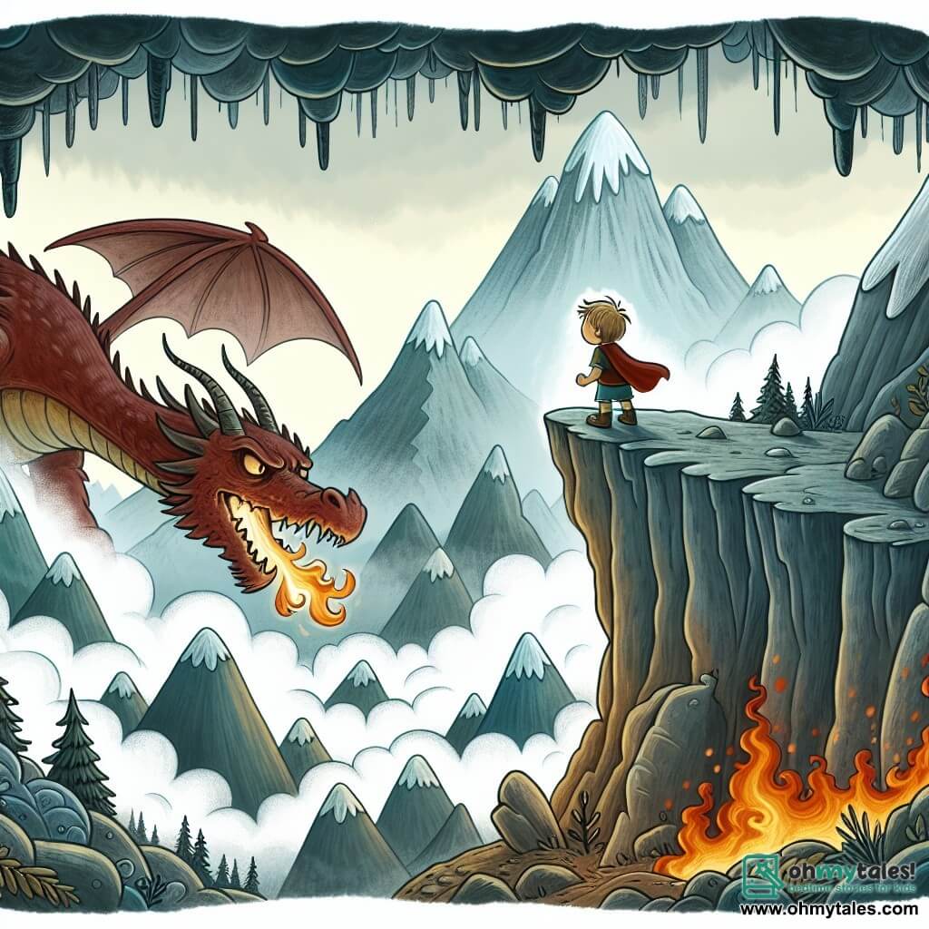 Une illustration destinée aux enfants représentant un jeune garçon intrépide se tenant au bord d'une falaise escarpée, alors qu'un dragon cracheur de feu se tient menaçant derrière lui, dans un paysage montagneux recouvert d'une épaisse brume mystérieuse.