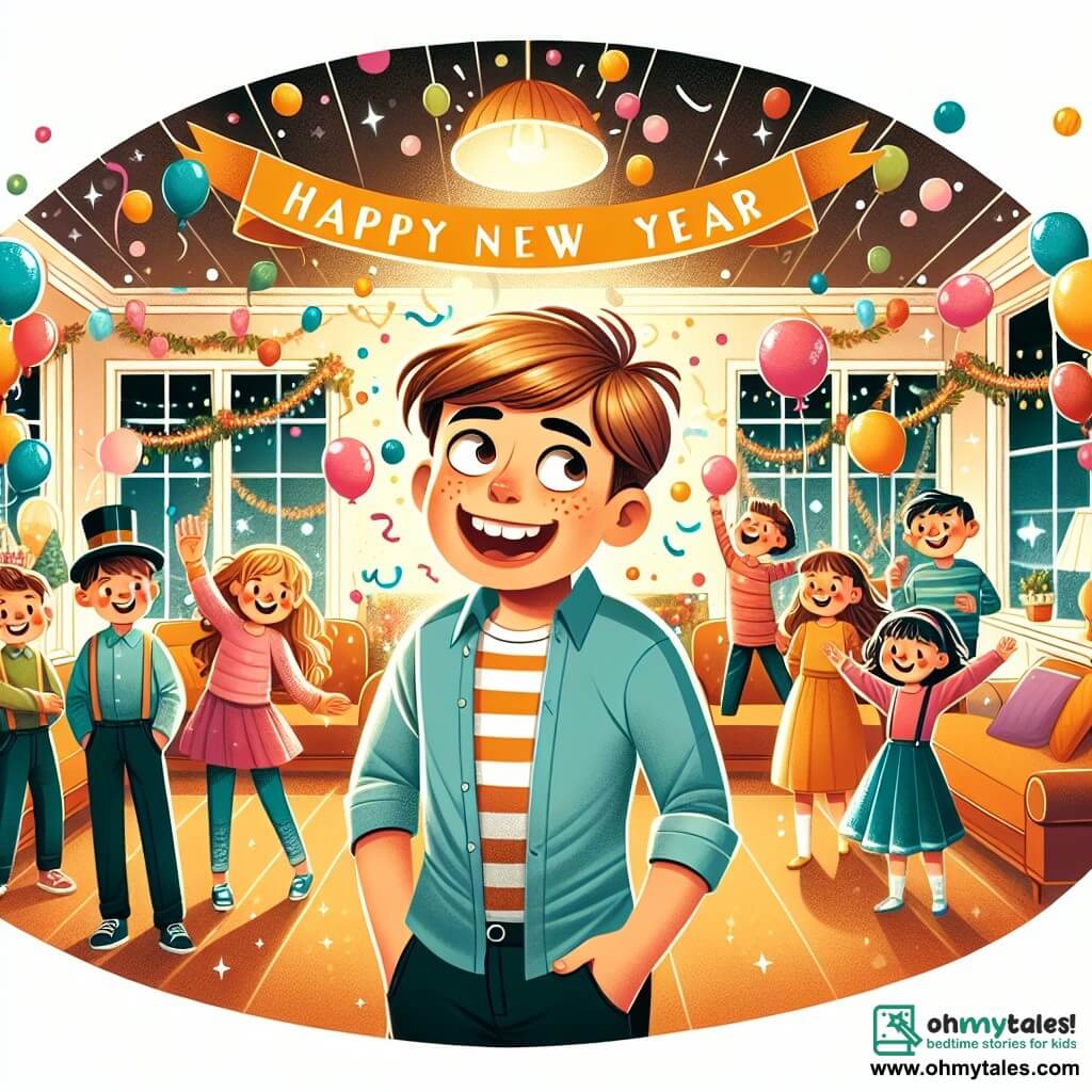 Une illustration destinée aux enfants représentant un jeune garçon plein d'excitation pour la fête du Nouvel An, entouré de ses amis, dans une maison magnifiquement décorée avec des ballons colorés, des guirlandes et une bannière géante "Bonne année", prête à accueillir une soirée inoubliable.