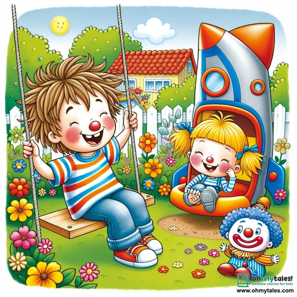 Une illustration destinée aux enfants représentant un petit garçon aux cheveux en bataille, vêtu d'un t-shirt rayé et d'un pantalon en jean, en train de jouer joyeusement avec son meilleur ami, une petite fille aux couettes blondes, dans leur jardin rempli de fleurs colorées et d'une balançoire en forme de fusée, tandis qu'un drôle de clown en jouet, nommé M. Rigolo, les observe avec un large sourire depuis le coin de la page.